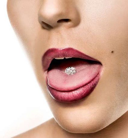 Woman with diamond tongue piercing